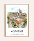 Illustrated Zagreb skyline wall art poster with cathedral spires and tiled rooftops
