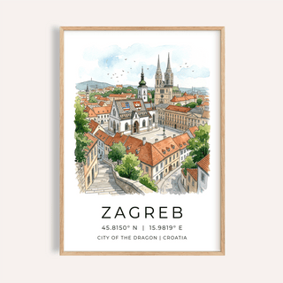 Illustrated Zagreb skyline wall art poster with cathedral spires and tiled rooftops