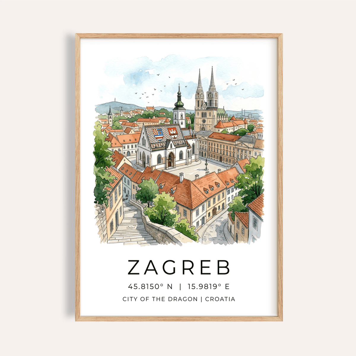 Illustrated Zagreb skyline wall art poster with cathedral spires and tiled rooftops