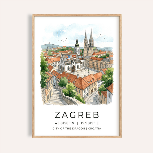 Illustrated Zagreb skyline wall art poster with cathedral spires and tiled rooftops