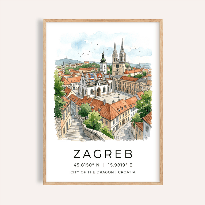 Illustrated Zagreb skyline wall art poster with cathedral spires and tiled rooftops