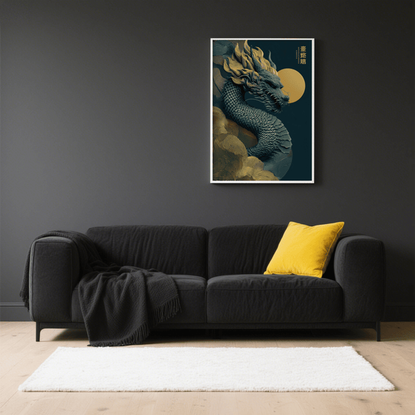 Chinese Dragon Art Print blue, gold poster for studio decor