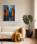Modern Abstract City Poster with gray, orange, and blue tones for bedroom decor