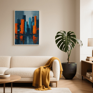 Modern Abstract City Poster with gray, orange, and blue tones for bedroom decor