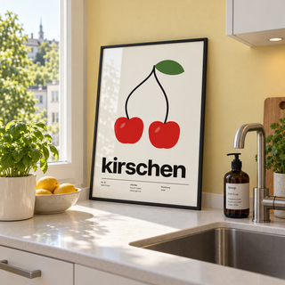 Swiss style cherry typography print in a kitchen window against a yellow wall