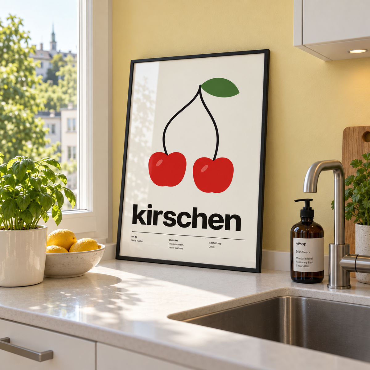 Swiss style cherry typography print in a kitchen window against a yellow wall