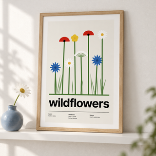 Swiss style wildflower meadow print leaning on a picture ledge with books