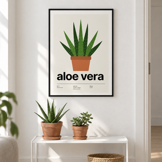 Swiss style aloe print above a table crowded with houseplants