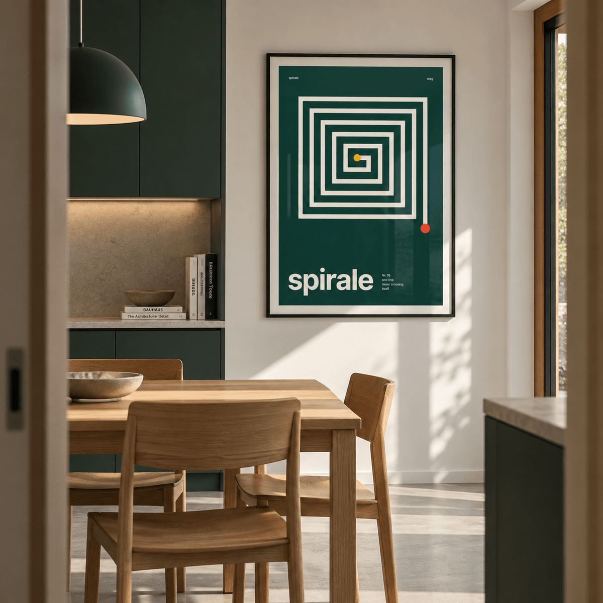Swiss style spiral print on the wall of a kitchen diner