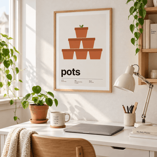 Swiss style flower pot print above a desk in a bright home office