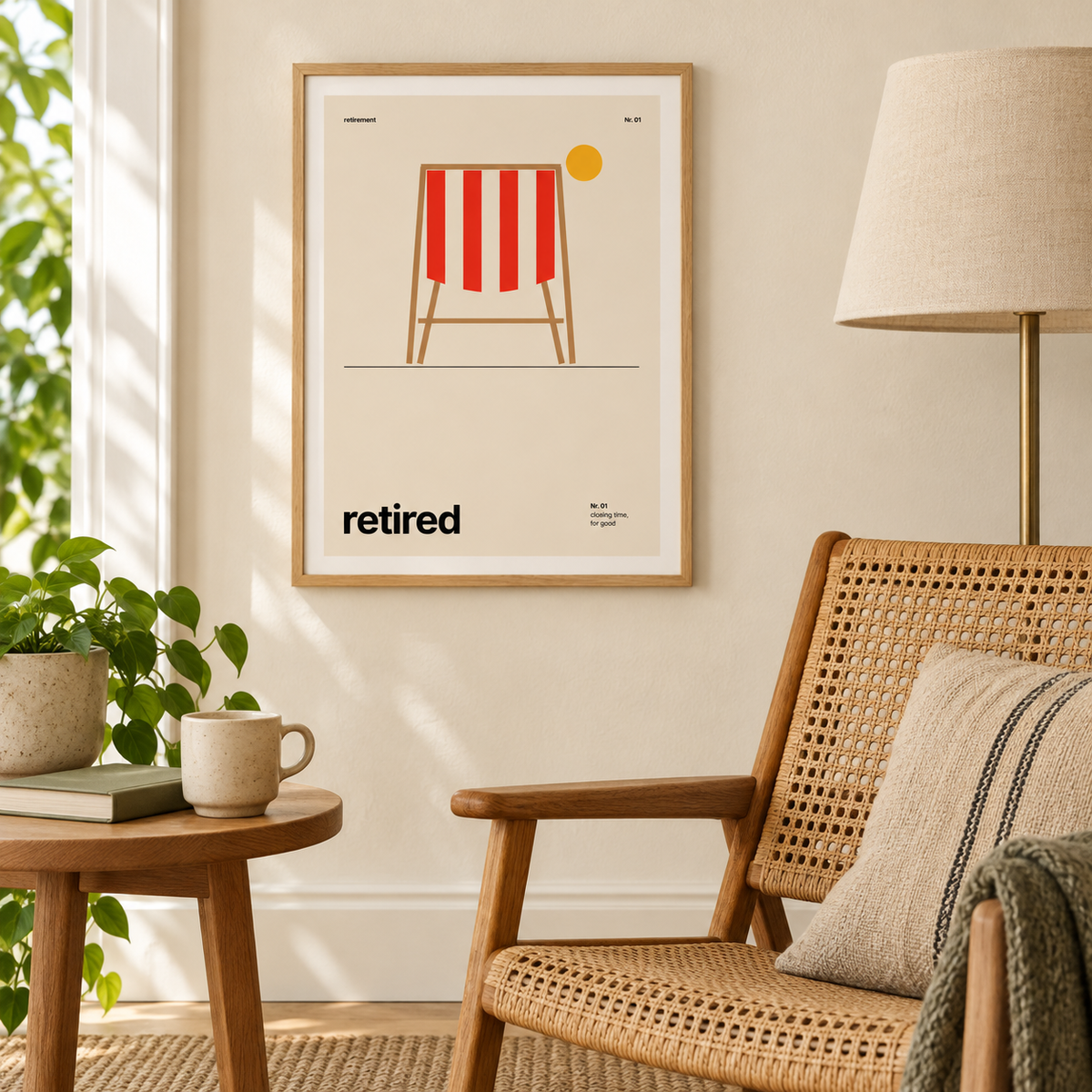 Swiss style retired print above an armchair in a cosy reading corner