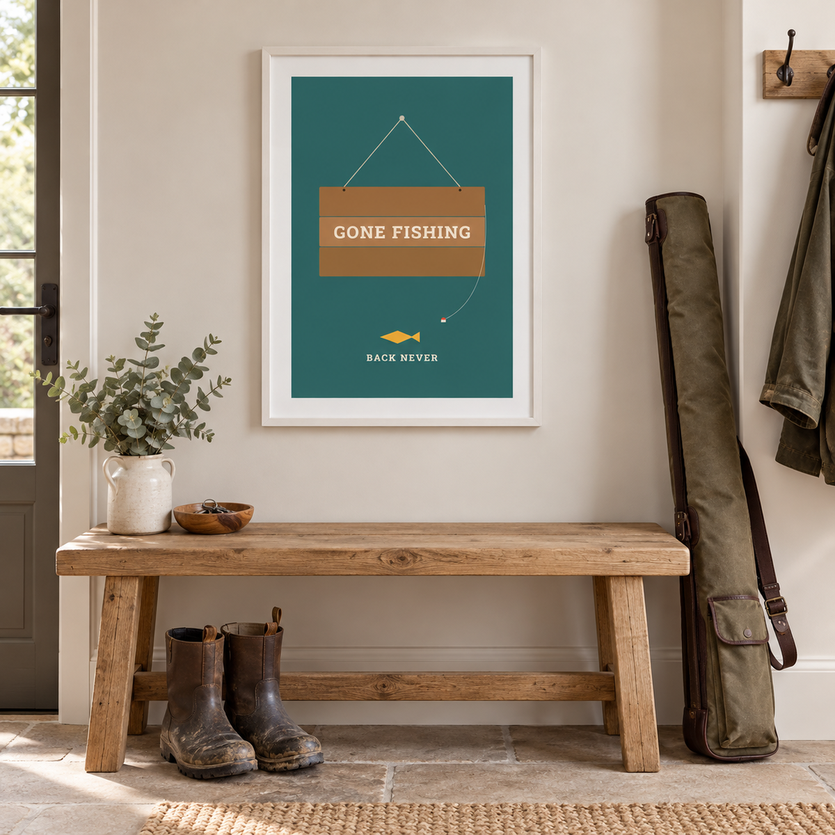 Fishing retirement print on the wall of a welcoming hallway