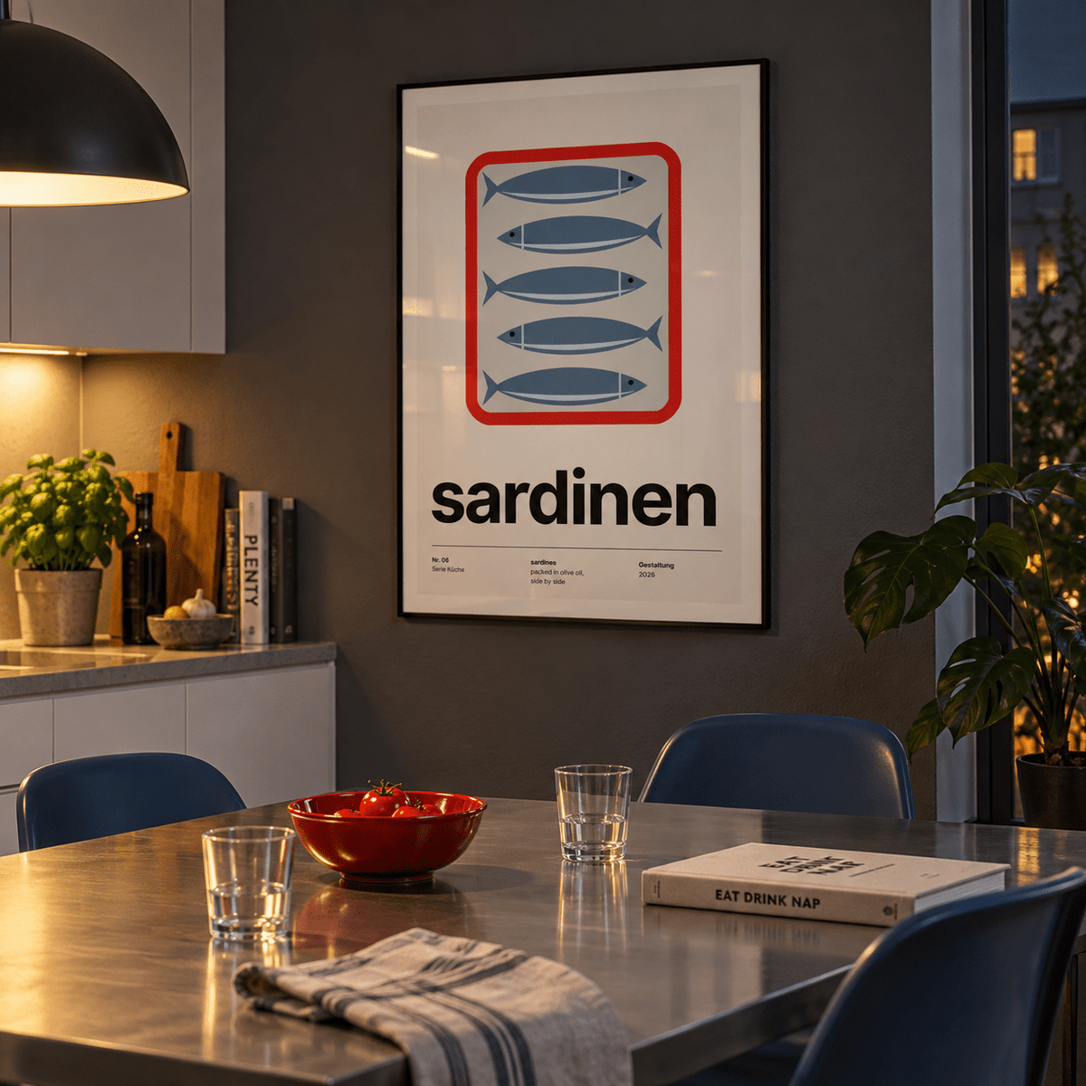 Swiss style tinned fish print in an open dining kitchen against a charcoal wall
