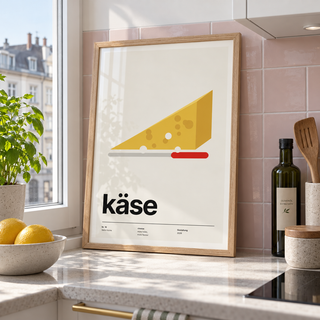 Swiss style cheese typography print in a kitchen window against a pink wall