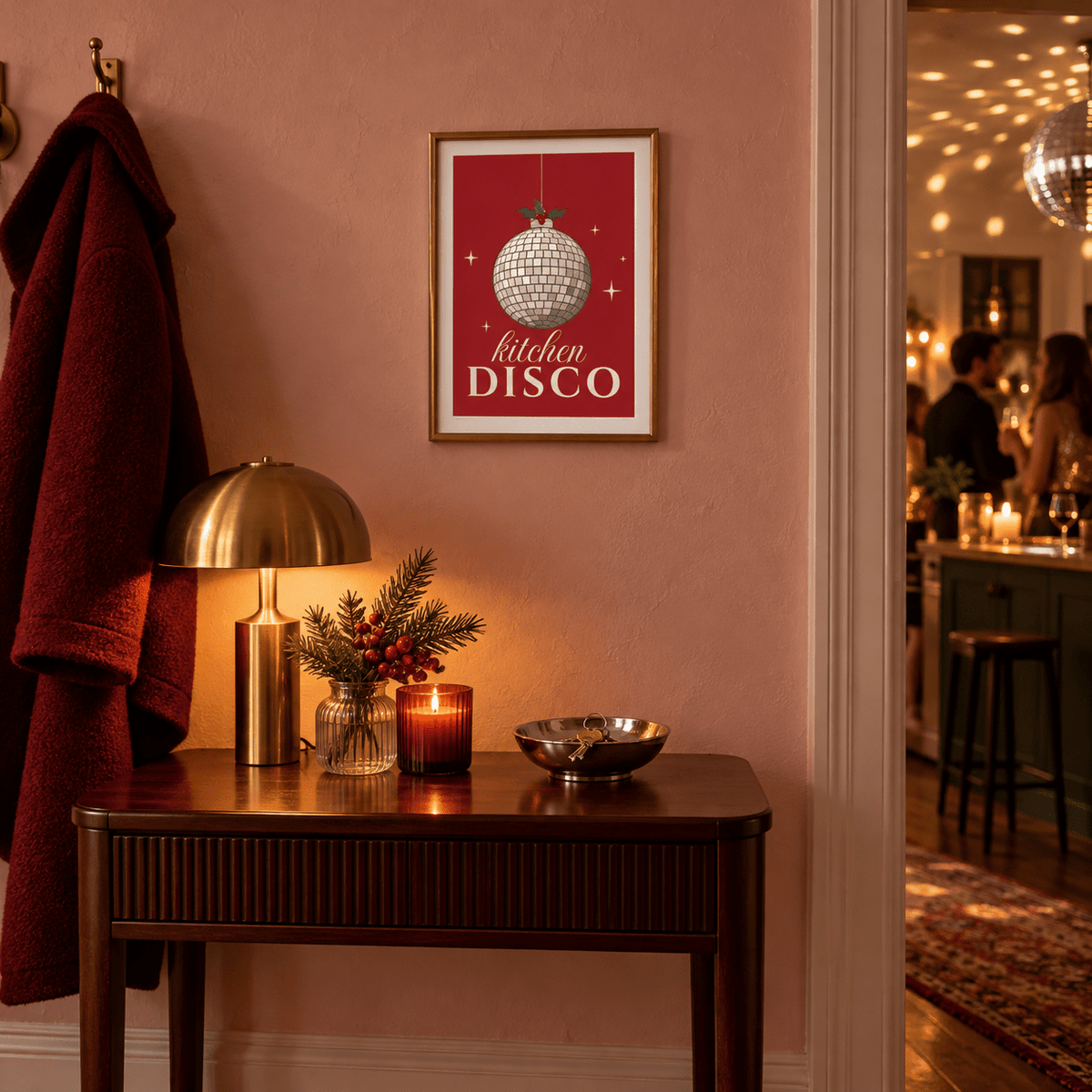 Festive red kitchen disco print in a party entryway at Christmas