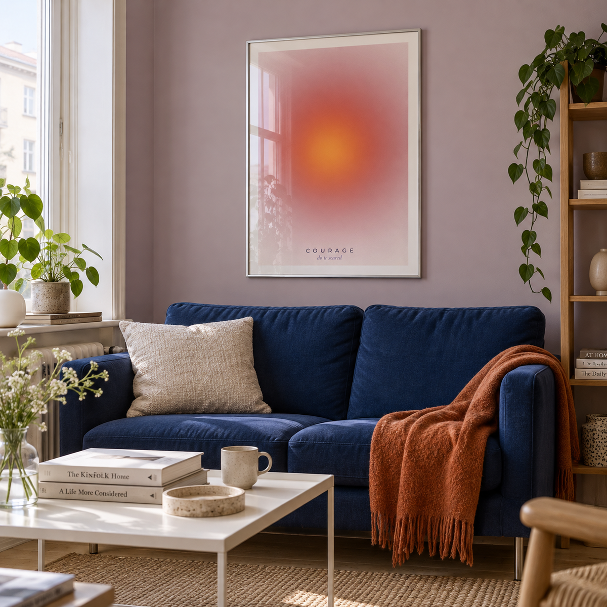 Orange sun gradient print on pink in a living room against a lilac wall