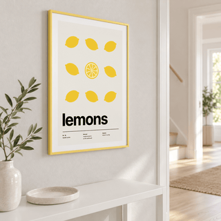 Lemons with one cut in half on the wall of a bright hallway