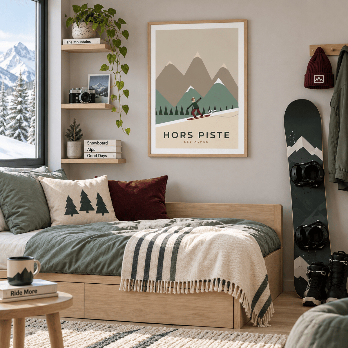Les Alpes snowboard print in a teen room at Christmas