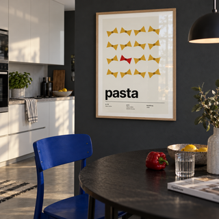Swiss style pasta typography print in an open kitchen against a charcoal wall