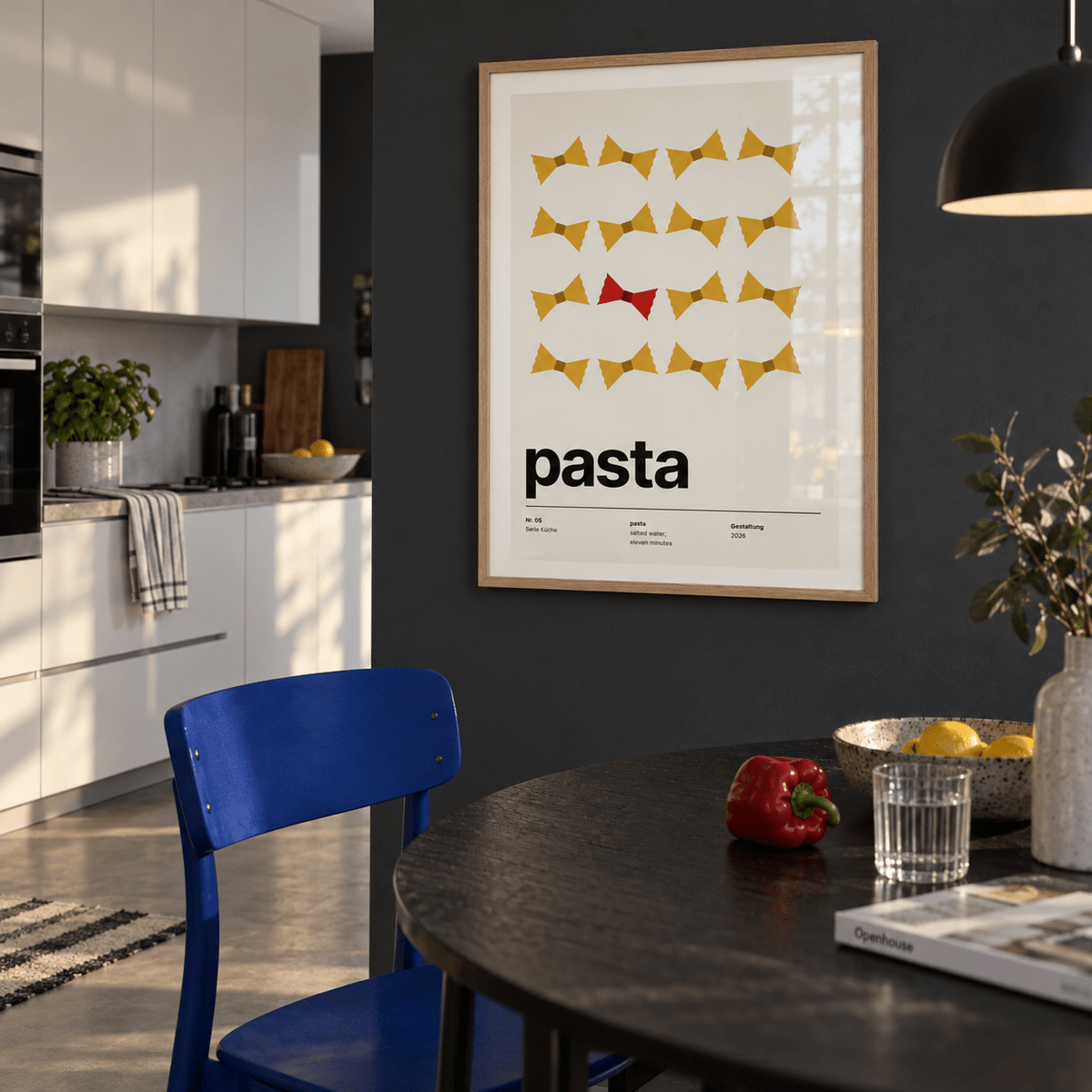 Swiss style pasta typography print in an open kitchen against a charcoal wall