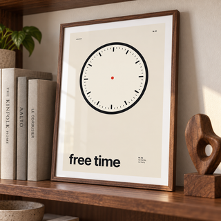 Minimalist clock face print beside a bookshelf in a living room