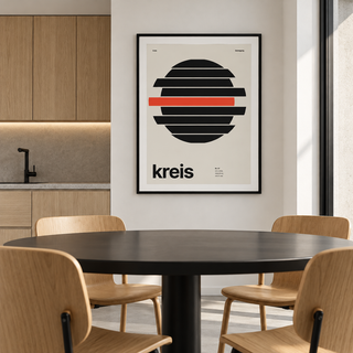 Swiss style circle typography print on the wall of a kitchen diner