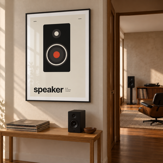 Swiss style speaker print in a music room hallway