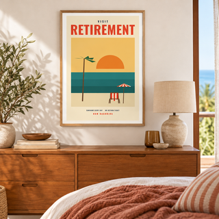 Retro retirement destination print above the bed in a calm bedroom