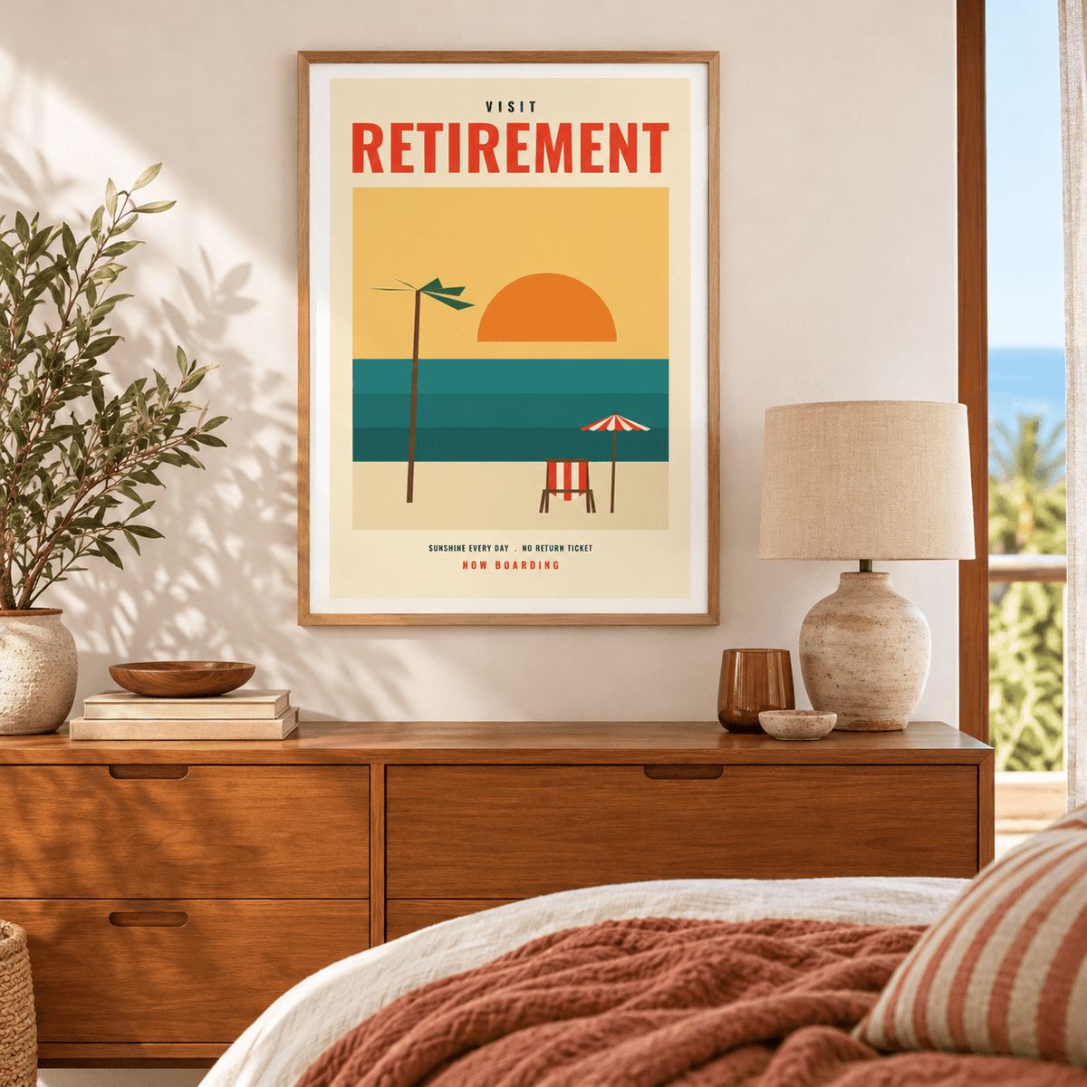 Retro retirement destination print above the bed in a calm bedroom