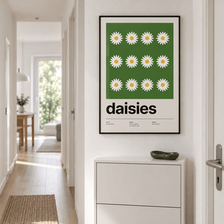Swiss style daisy print on the wall of a welcoming hallway