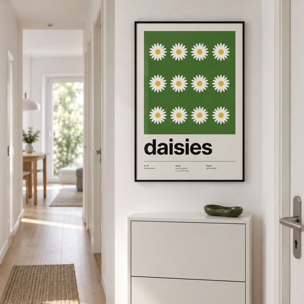 Swiss style daisy print on the wall of a welcoming hallway