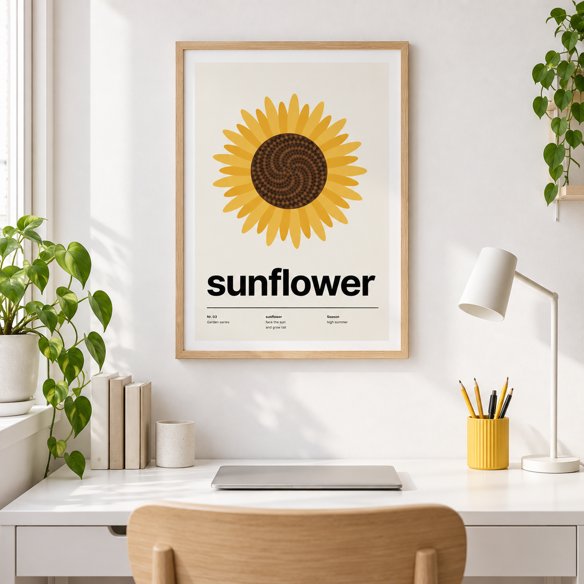 Swiss style sunflower print above a tidy desk in a home workspace