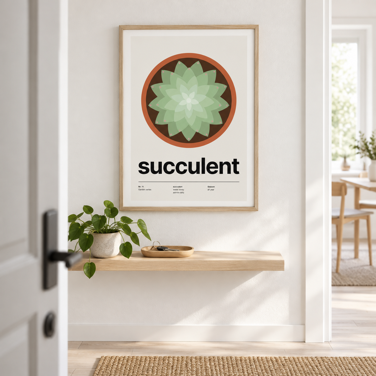 Swiss style succulent print above a console in a bright entryway