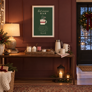 Green Christmas cocoa print in a holiday welcome station at Christmas