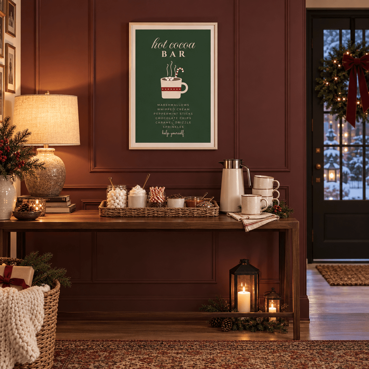 Green Christmas cocoa print in a holiday welcome station at Christmas