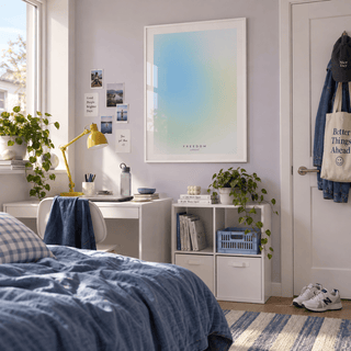 Soft blue to lime green gradient print in a teen bedroom against a lilac wall