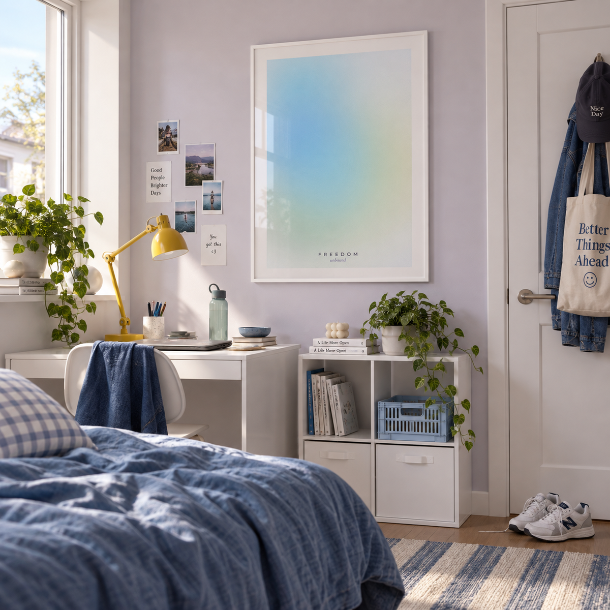 Soft blue to lime green gradient print in a teen bedroom against a lilac wall