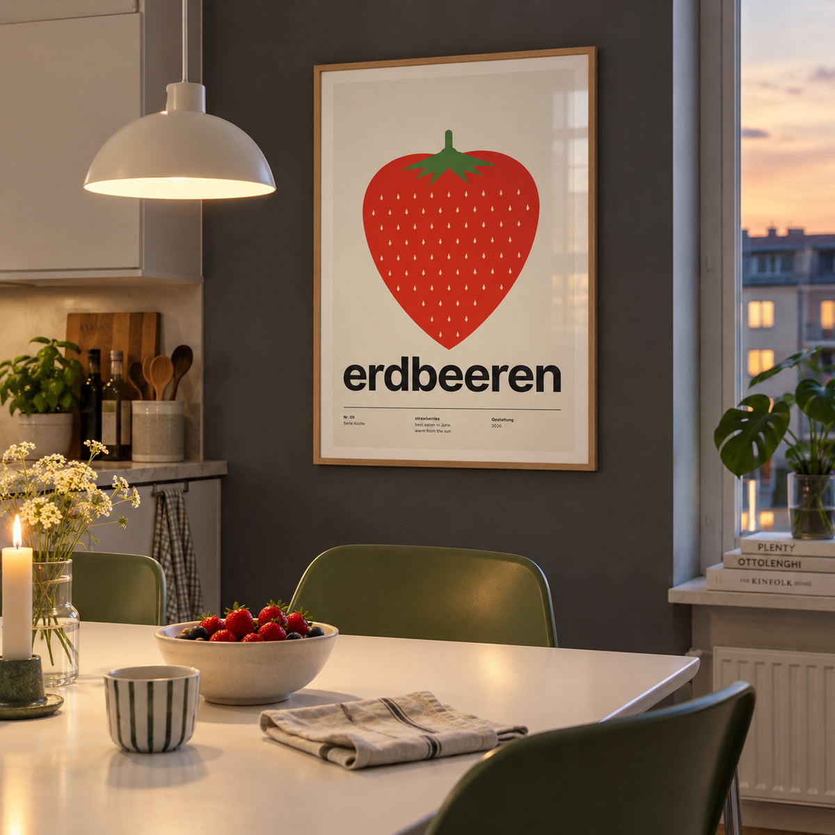 Swiss style strawberry typography print in a dining nook against a charcoal wall