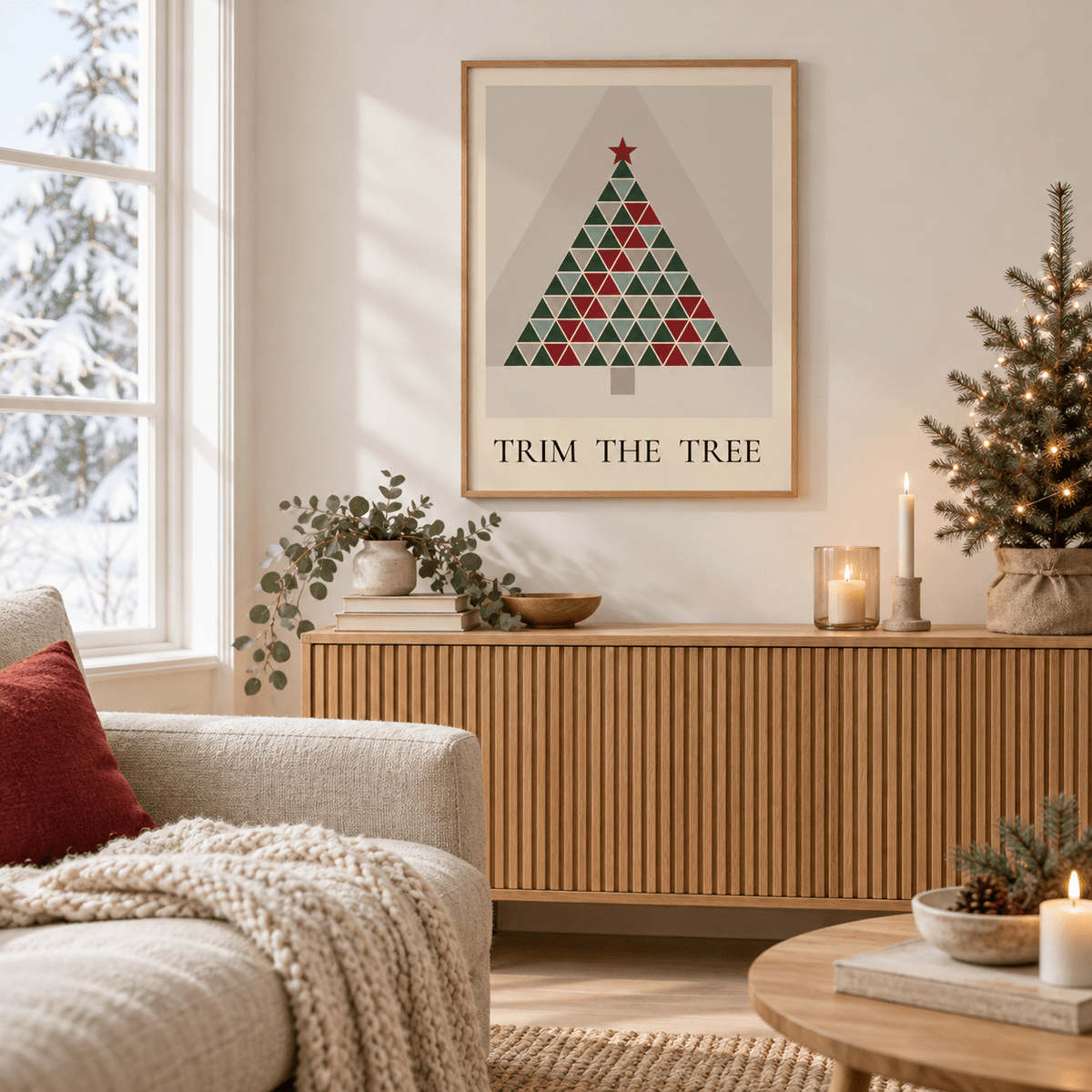 Red and green quilt tree print in a nordic living room at Christmas