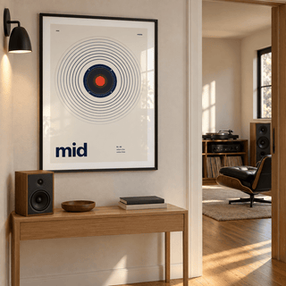 Swiss style mid speaker print in a music room hallway
