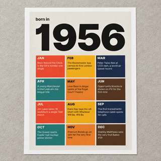 Close view of the 1956 birth year print in retro tile colours on matte paper
