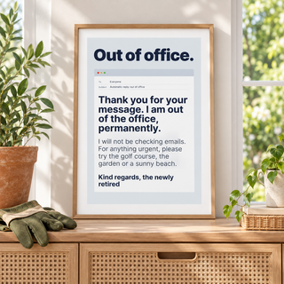 Automatic reply retirement print in a garden room filled with green plants