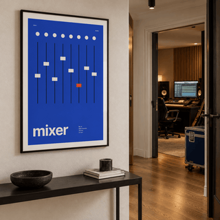 Swiss style studio mixer print in a music room hallway