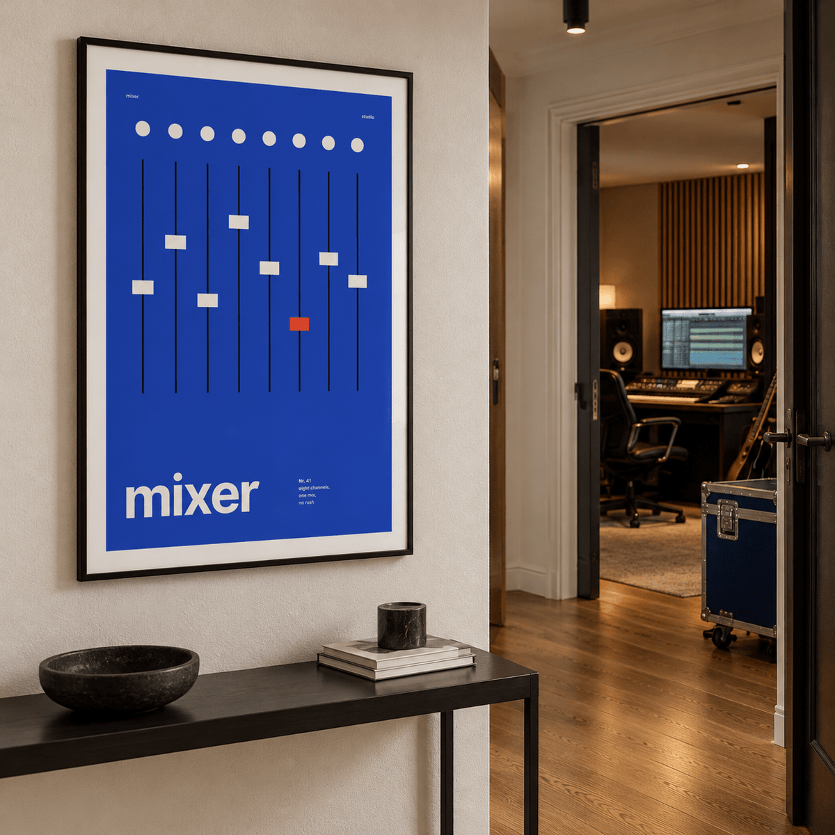 Swiss style studio mixer print in a music room hallway