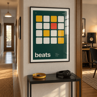 Swiss style beat maker print in a music room hallway