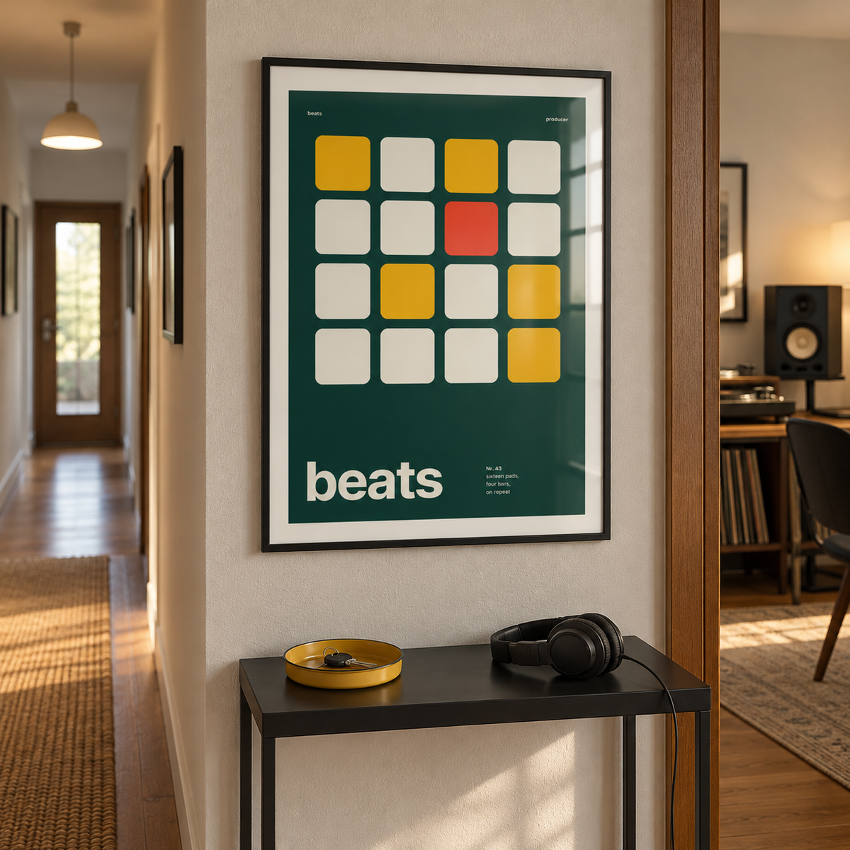 Swiss style beat maker print in a music room hallway