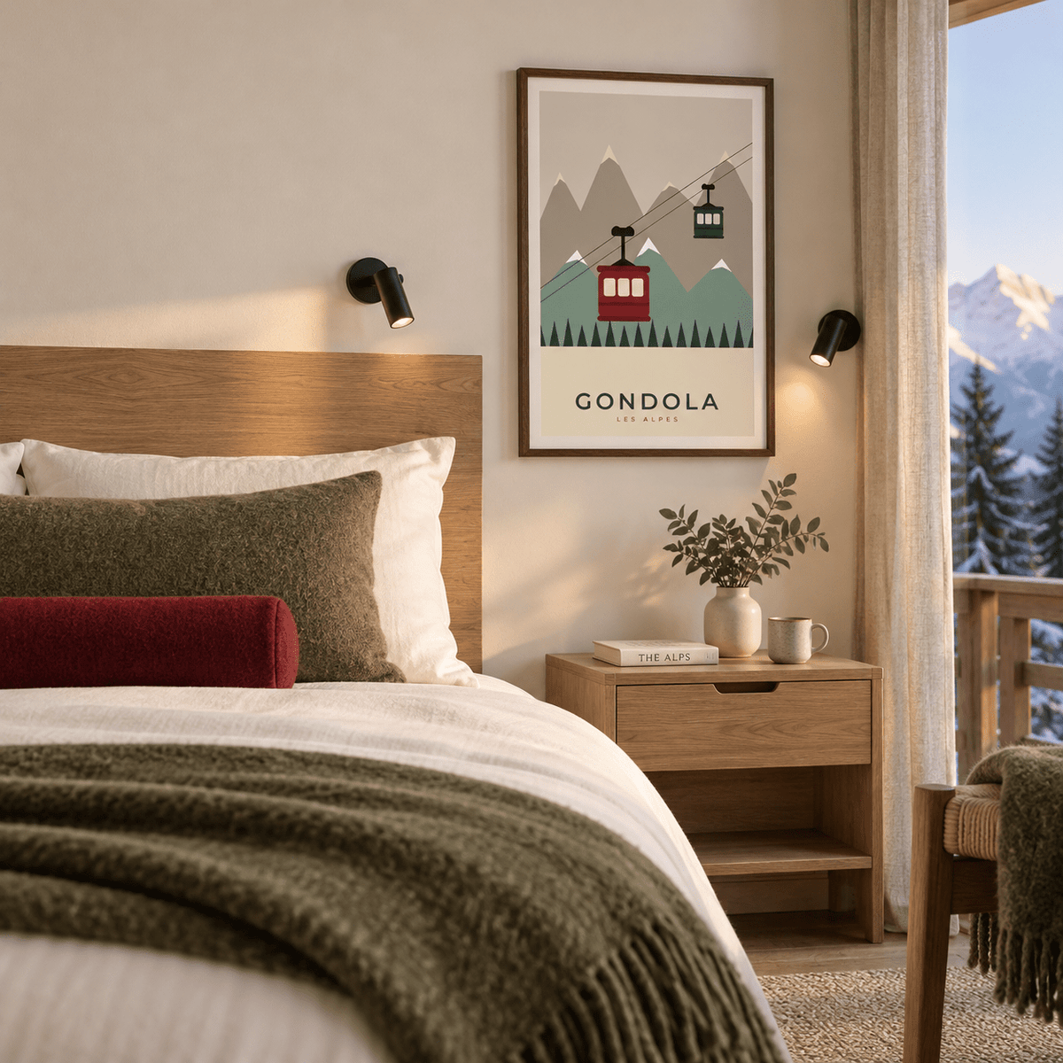 Les Alpes gondola print in a guest bedroom at Christmas