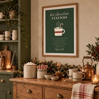 Green Christmas drinks sign print in a rustic kitchen at Christmas