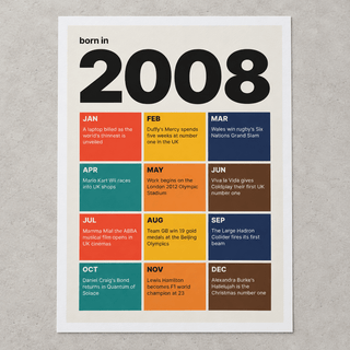 Close view of the 2008 birth year print in retro tile colours on matte paper