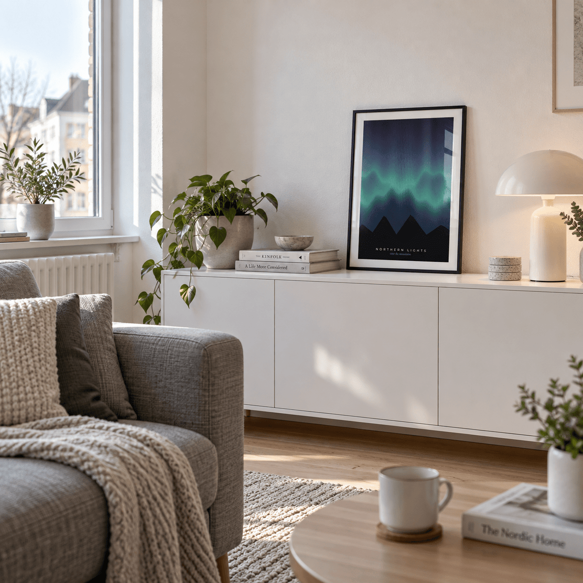 Aurora borealis over dark peaks print above a sideboard against a light wall